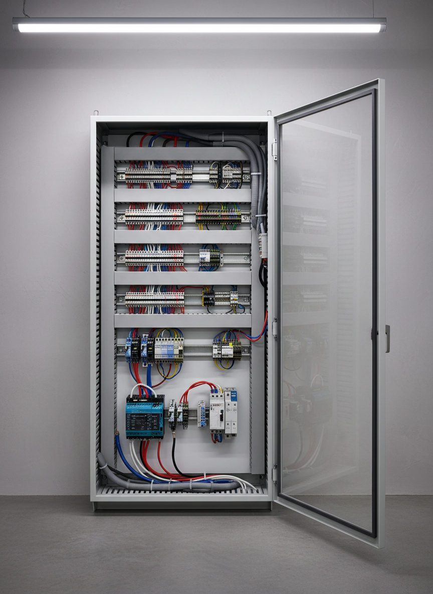 A sophisticated industrial control panel door swung open to reveal a meticulously organized interior: DIN rails lined with terminal blocks, labeled relays, PLC modules, and neatly bundled wiring in color-coded harnesses, all mounted on a powder-coated backplate. The cabinet stands against a neutral, light-gray wall in a spotless automation workshop. Bright, even LED task lighting from above illuminates every component, creating subtle specular highlights on plastic housings and metallic screw heads. Captured from an eye-level, straight-on perspective with minimal distortion, the image maintains sharp focus across the entire frame. The atmosphere is orderly, reliable, and highly professional, rendered in crisp photographic realism to highlight automation system integration and attention to detail in electrical design.