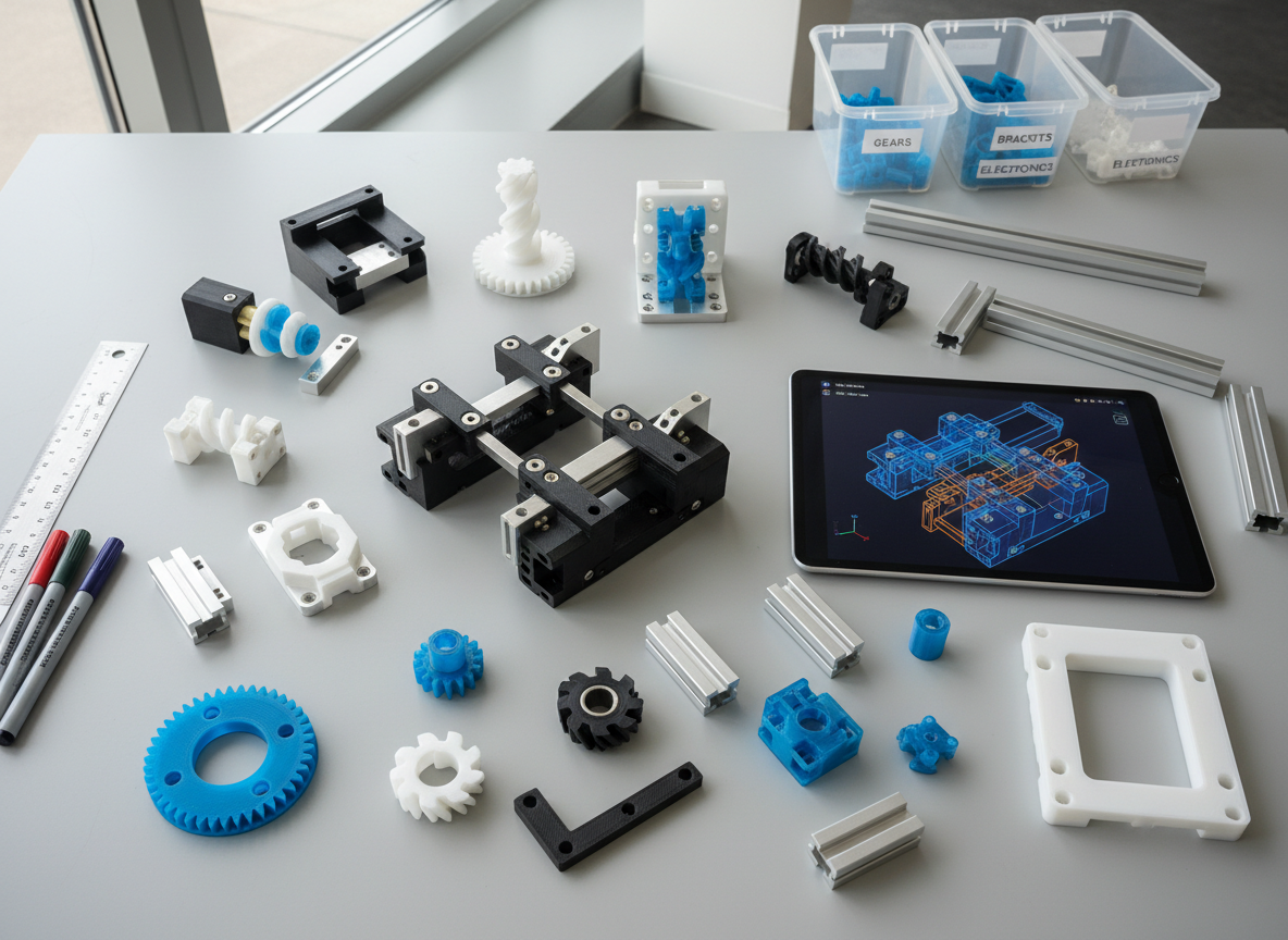A modular custom machine concept laid out on a large, light-gray drafting table, featuring several 3D-printed plastic component mockups, anodized aluminum brackets, and a central assembly prototype resting beside a high-resolution tablet displaying a detailed CAD model. Soft, indirect daylight from a nearby window washes across the workspace, creating gentle highlights on the plastic surfaces and subtle shadows around the parts. The composition is captured from a top-down, bird’s-eye view with sharp focus, emphasizing organization and design intent. The surrounding environment includes neatly arranged engineering markers, a steel ruler, and a few labeled parts bins. The mood is forward-thinking and methodical, portrayed with clean, photographic realism to communicate early-stage product and machine concept development.