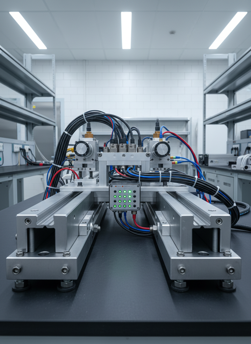 A rugged, custom test fixture constructed from heavy steel plate, precision-ground guide rails, and clamped instrumentation, mounted on a vibration-damped bench within a controlled lab environment. Several pressure sensors, encoders, and neatly routed cables terminate into a compact data acquisition enclosure with clearly visible status LEDs. Cool, neutral overhead lab lighting produces crisp, even illumination, revealing surface finishes and fastener details. The shot is framed at bench height with a slight angle down the length of the fixture, creating a strong sense of depth while keeping the entire assembly in sharp focus. The mood is analytical and exacting, with photographic realism and a clean, technical aesthetic that communicates rigorous engineering testing and validation.