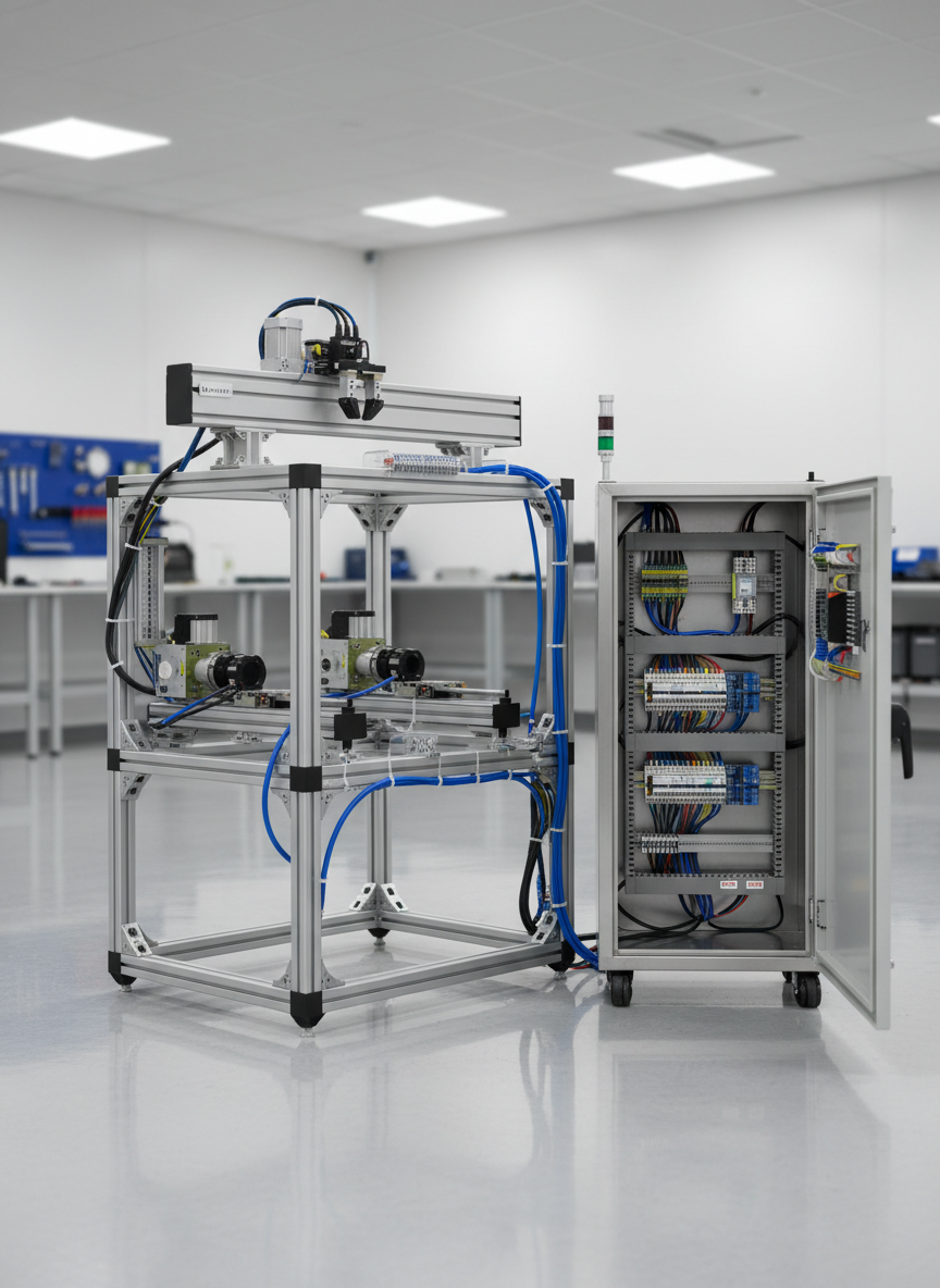 A compact, fully assembled industrial automation cell.