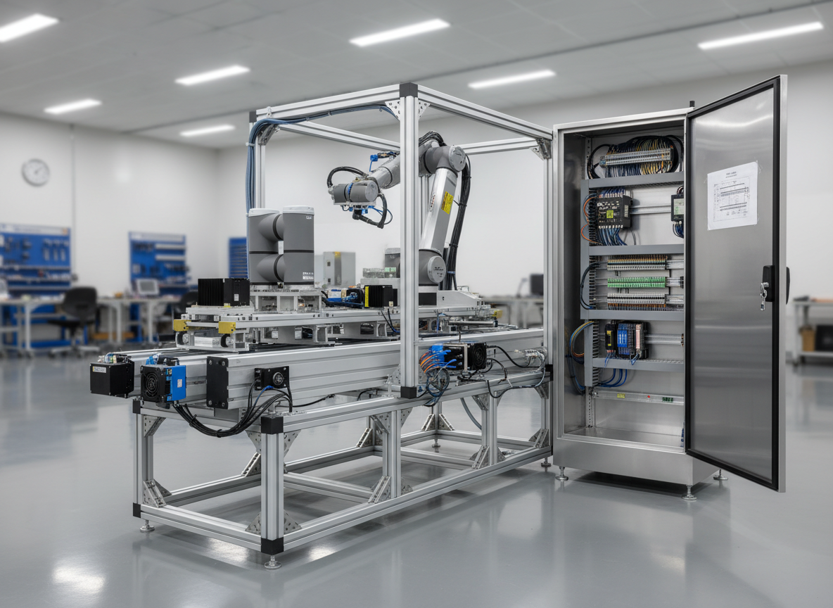 A compact, fully assembled industrial automation cell featuring a robotic linear slide, precision actuators, and interconnected aluminum extrusion frames, all neatly wired into a central stainless-steel control cabinet with labeled terminals and organized cable management. The cell sits on a polished epoxy factory floor within a bright, uncluttered test bay. Neutral overhead LED lighting provides even, shadow-free illumination, subtly catching on brushed metal and anodized components. Shot from a slightly elevated, wide-angle perspective to encompass the full system, with sharp focus throughout for technical clarity. The atmosphere is orderly, efficient, and high-tech, rendered in photographic realism with a clean, modern aesthetic that highlights automation systems engineering and integrated machine design.