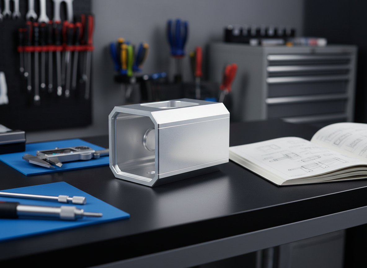A high-precision CNC-machined aluminum prototype housing with crisp edges and a finely brushed metallic texture, positioned centrally on a clean matte-black engineering workbench. Around it, neatly arranged calipers, micrometers, and an open notebook with faint technical sketches provide subtle context. Cool, diffused overhead studio lighting creates soft reflections along the chamfered surfaces and casts gentle, controlled shadows, emphasizing dimensional accuracy. Captured at an eye-level, three-quarter angle with shallow depth of field so the background softly blurs into out-of-focus tool racks and storage cabinets. The mood is professional, meticulous, and innovative, with a photographic realism style that feels clean, modern, and engineered for precision, ideal for representing advanced product and prototype development.