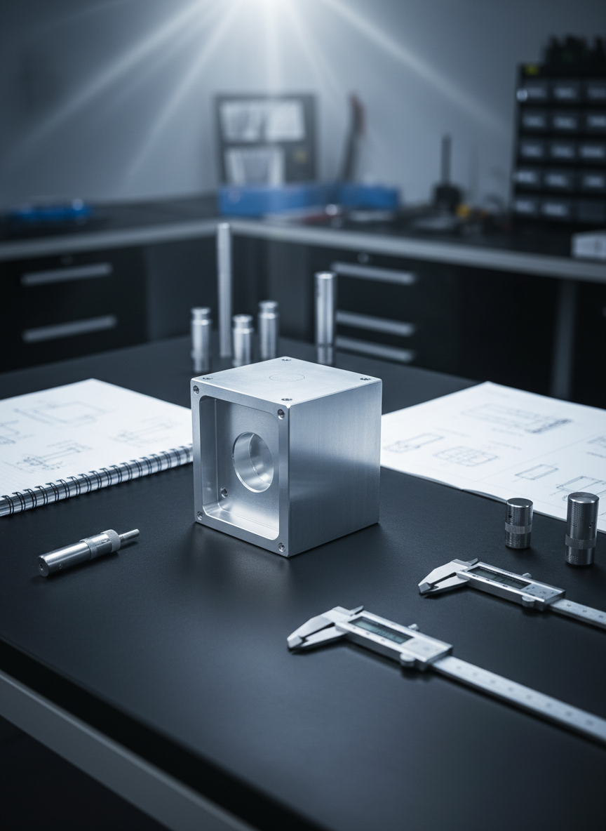 A high-precision CNC-machined aluminum prototype housing with crisp edges and a finely brushed metallic texture, positioned centrally on a clean matte-black engineering workbench. Around it, neatly arranged calipers, micrometers, and an open notebook with faint technical sketches provide subtle context. Cool, diffused overhead studio lighting creates soft reflections along the chamfered surfaces and casts gentle, controlled shadows, emphasizing dimensional accuracy. Captured at an eye-level, three-quarter angle with shallow depth of field so the background softly blurs into out-of-focus tool racks and storage cabinets. The mood is professional, meticulous, and innovative, with a photographic realism style that feels clean, modern, and engineered for precision, ideal for representing advanced product and prototype development.