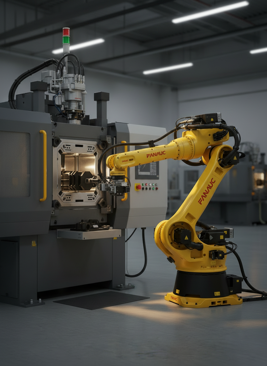 A FANUC industrial robotic automation arm operating an injection molding machine on a factory floor.