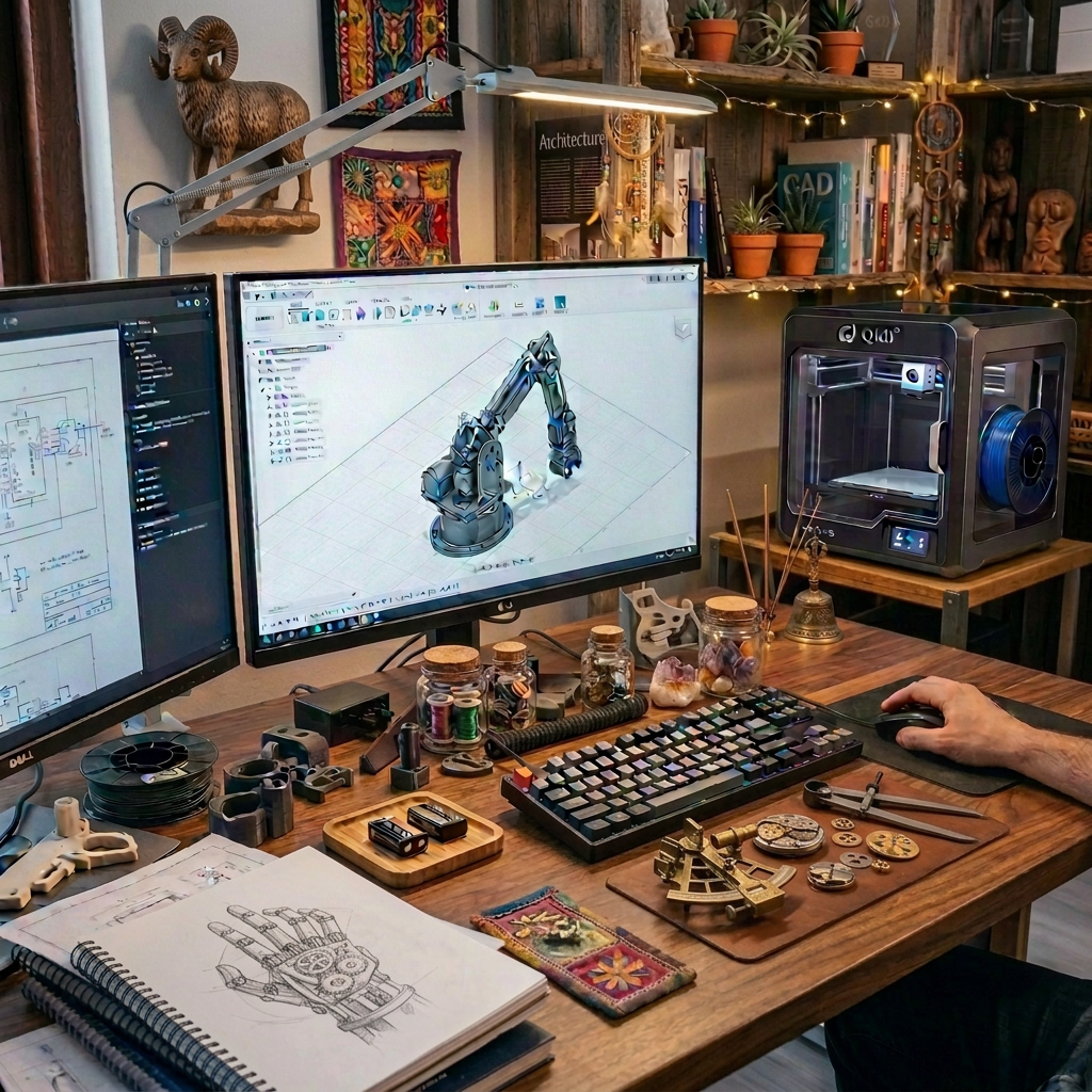 Engineering workstation with robotic arm CAD model, 3D printer, and electronics